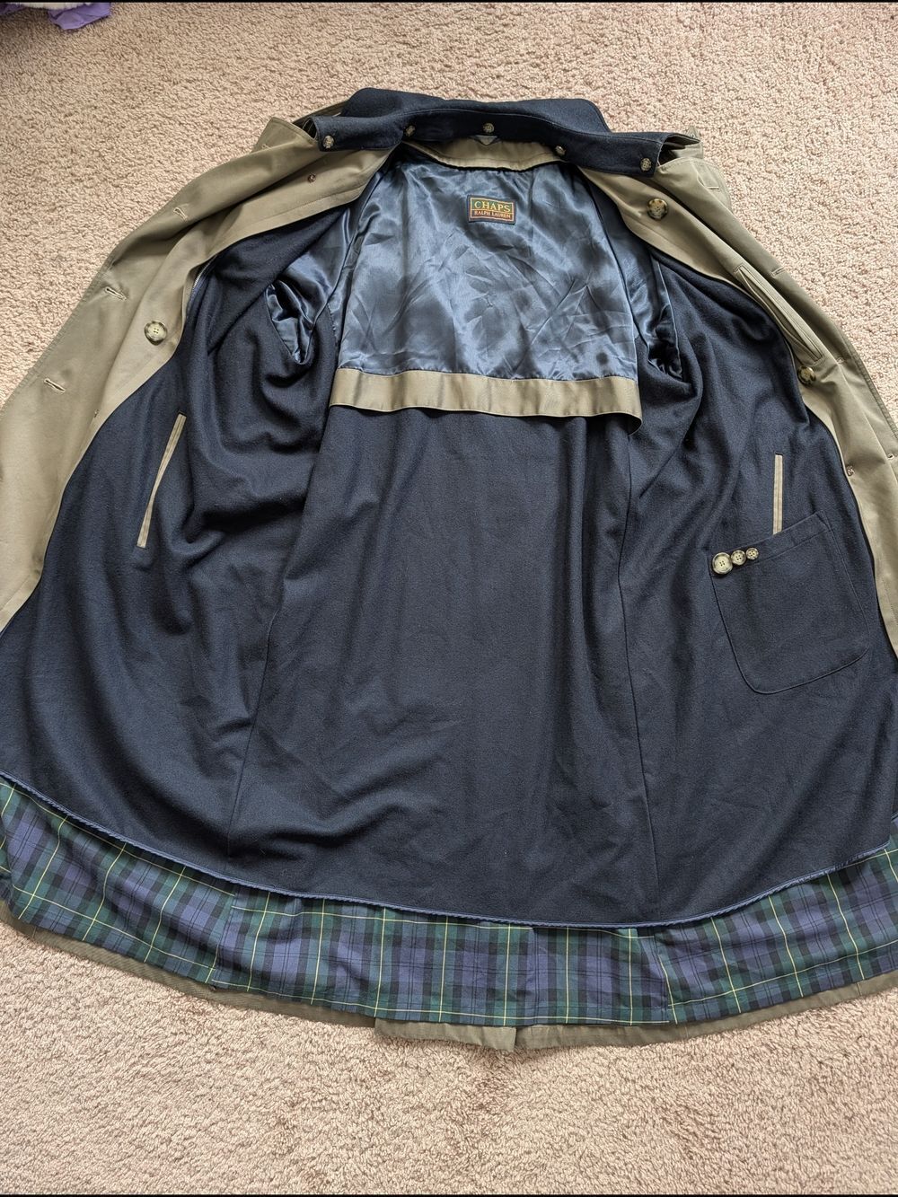 Chaps Ralph Lauren Mens Olive Green Vintage Double Breasted Trench Coat Size 46R - Picture 5 of 16